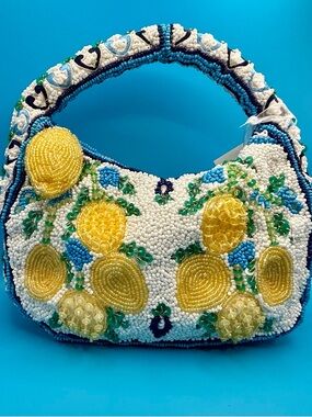 T.J.Maxx Made in India White Beaded Mini Bag with Yellow Lemon Key Charm